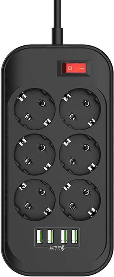 Stekkerdoos met USB Poorten en Schakelaar - 6-Voudig met 4x USB met Overspanbeveiliging - Kindvriendelijk - Randaarde -Zwart | Stekkerdoos USB | Stekkerdoos Zwart | Stekkerdoos met Schakelaar | Stekkerdoos met USB | Stekkerdoos