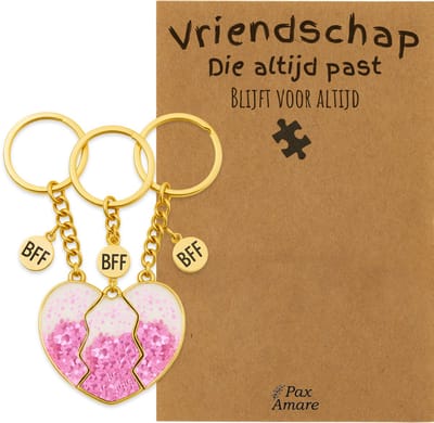 BFF Sleutelhanger voor 3 'Vriendschap die altijd past' - Magnetisch Glitter Hartje Roze - Sleutelhanger set op Cadeau Kaartje - Goudkleurig - Vriendschap Symbool - Pax Amare