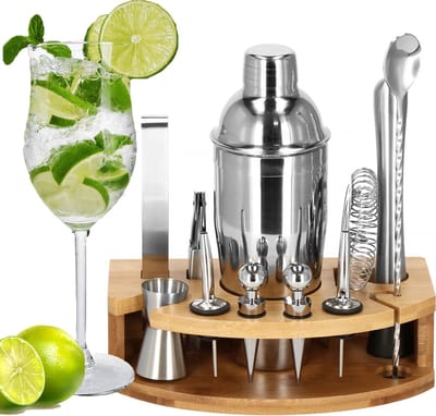 Springos Cocktail Set | 12-Delige Cocktail Shaker Set | Inclusief Bamboe Standaard & Cadeauverpakking | RVS | Zilverkleurig
