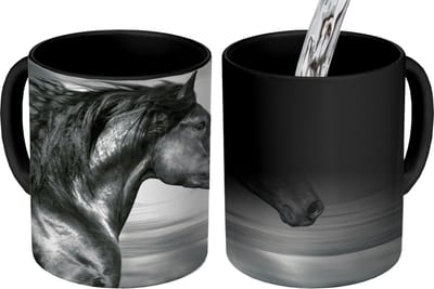Magische Mok - Foto op Warmte Mokken - Koffiemok - Paard - Dieren - zwart - Wit - Magic Mok - Beker - 350 ML - Theemok