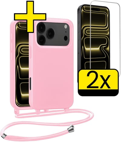 Hoesje Geschikt voor iPhone 17 Pro Hoesje Met Koord Met 2x Screenprotector Siliconen Case - Hoes Geschikt voor iPhone 17 Pro Backcover Met Afneembaar Koord - Lichtroze