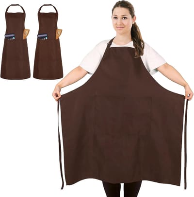 Set van 2 grote, unisex, waterdichte koksschorten met 2 zakken voor koken, grillen, barbecueën en andere professionele werkzaamheden, zoals voor obers, kunstenaars en kappers (grote maat Donkerbruin )| Cyslmuk®