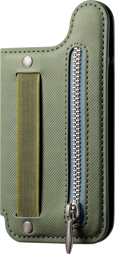 Flip Card Bag Phone Case met Rits en Polsband – Groen – Multifunctionele Telefoonhoes met Kaarthouder, Portemonnee, Desktop Stand – Geschikt voor Meerdere Kaarten, Compact en Draagbaar