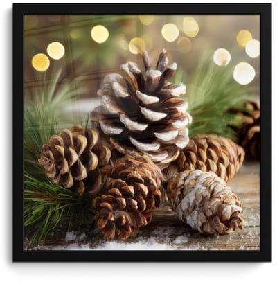 Poster in lijst - Fotolijst 40x40 cm - Posters - Dennenappels - Kerstsfeer - Bruin - Groen - Posterlijst zwart - Decoratie - Wanddecoratie woonkamer - Muurdecoratie slaapkamer - Kerstversiering - Kerstdecoratie voor binnen - Kerstmis