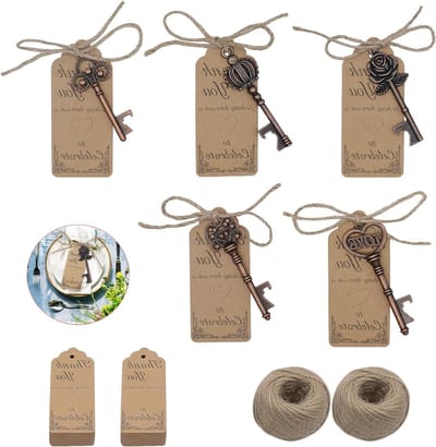 Vintage Sleutelhanger Flesopener Set van 100 Stuks met Bedankkaart en Touw voor Feesten, Bruiloften en Verjaardagen, Rustieke Decoratie en Cadeauaccessoires