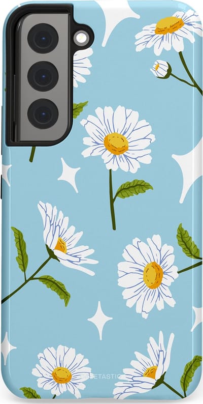 Casetastic hoesje geschikt voor Samsung Galaxy S22 - Dubbellaagse bescherming - Margrietjes in de Wind - Fashion Case - Lichtblauw Wit Groen