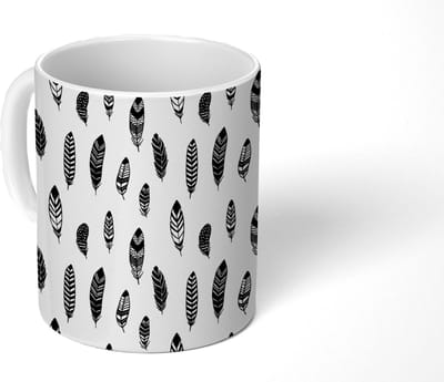 Mok - Koffiemok - Veren - Zwart Wit - Patroon - Vogel - Mokken - 350 ML - Beker - Koffiemokken - Theemok