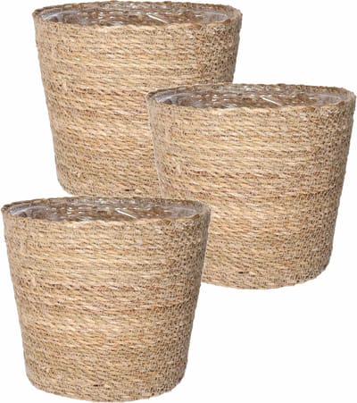 Steege Plantenpot - Set van 3x stuks - beige - gevlochten zeegras - D22 x H19 cm - plastic binnenkant