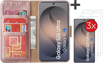 Hoesje met 3 Stuks Screenprotectors Geschikt voor Samsung Galaxy S26 Ultra – Arara bookcase met pasjeshouder - Rosegoud