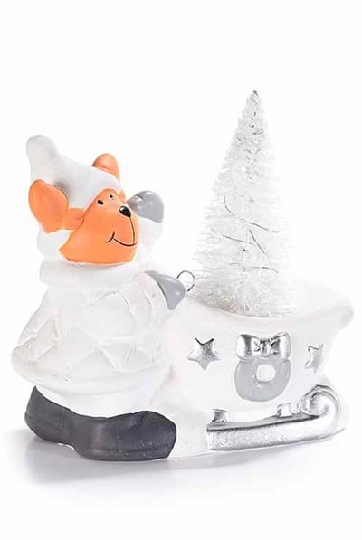Kerstbeer op Slee met LED kerstboom - 11,5 x 5,5 x 12 cm - Keramiek - Kerstdecoratie - Kerstfiguur - Kerstversiering