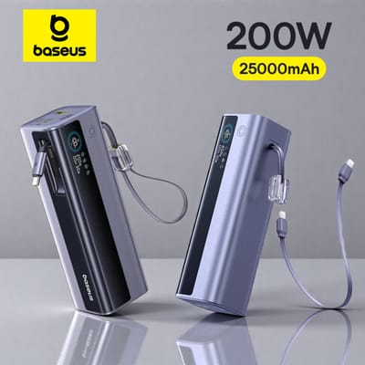 Baseus 200W 25000mAh Powerbank Dubbele intrekbare USB-C-kabels 4-apparaten snel opladen Draagbare externe batterijlader voor laptop 200W 25000mAh Grey