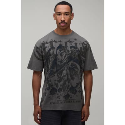Antraciet Oversized Gothic Over-de-naden Print T-shirt | Charcoal | Size Medium
