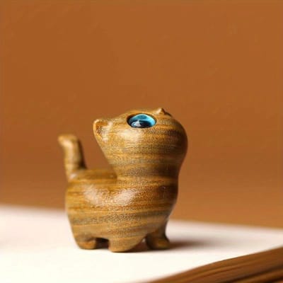 Mini chat porte-bonheur en bois de santal vert, décoration amusante pour la maison, le Nouvel An 2025 brown