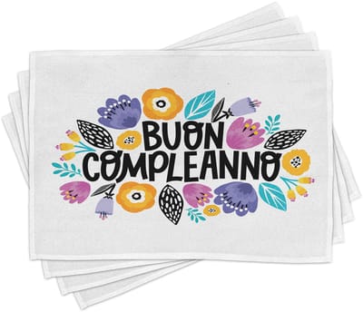 ABAKUHAUS Italiaanse placemats, Gefeliciteerd met je verjaardag in het Italiaans, tafeldecoratie van kleurvaste stoffen voor de eetkamer en de keuken, wit en multicolor