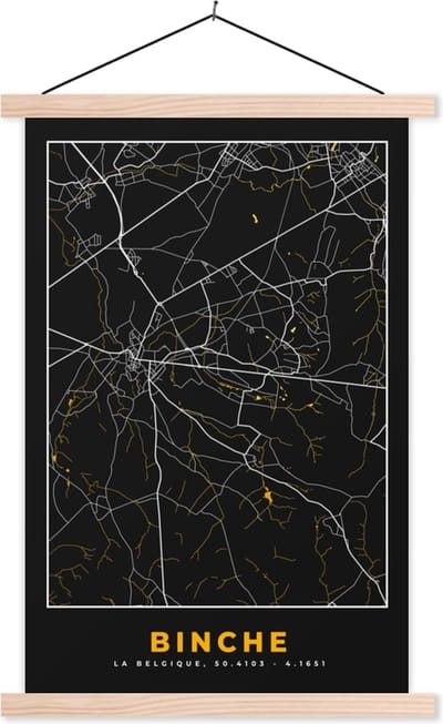 Posterhanger incl. Poster 40x60 cm - Schoolplaat - Binche - Stadskaart - Kaart - Plattegrond - Gold - Textielposter - Blanke latten - Stadskaart