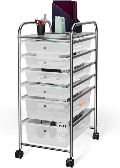 Opbergwagen met laden - Bureau opberger - Kantoor ordenen - Afsluitbaar met wielen - 34x43x76 cm - Transparant