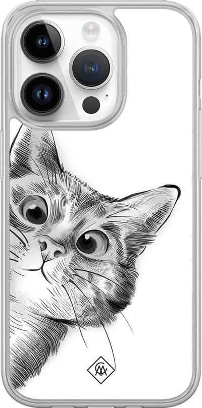 Casimoda® hoesje - Geschikt voor iPhone 14 Pro - Kat Kiekeboe - 2-in-1 case - Schokbestendig - Illustratie - Verhoogde randen - Wit, Transparant