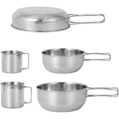 5-delige campingpannenset Outdoor draagbare picknickpannenset Roestvrij staal reisservies zilver