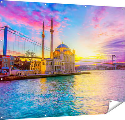 Gards Tuinposter Kleurrijke Ortakoy Moskee in Instanbul - 150x120 cm - Tuindoek - Tuindecoratie - Wanddecoratie buiten - Tuinschilderij