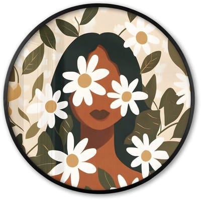 Poster in lijst Rond - Fotolijst 60x60 cm - Posters - Illustratie - Vrouw - Madeliefjes - Wit - Ronde posterlijst zwart - Decoratie - Wanddecoratie woonkamer - Muurdecoratie slaapkamer