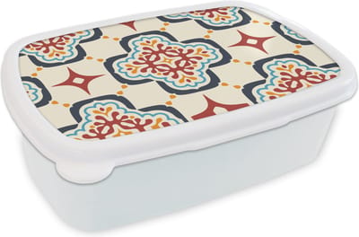 Broodtrommel Wit - Lunchbox - Brooddoos - Bloemen - Tegel - Vector - Patroon - 18x12x6 cm - Volwassenen