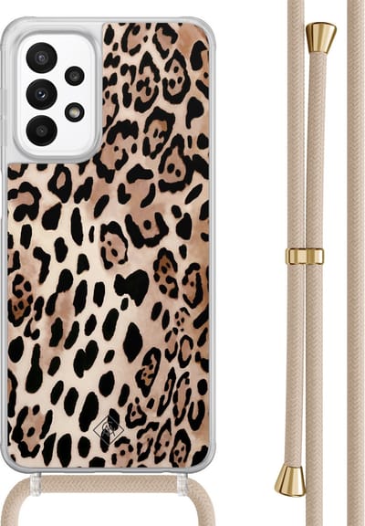 Casimoda® hoesje met beige koord - Geschikt voor Samsung A23 - Luipaard print bruin - Afneembaar koord - TPU/acryl - Bruin/beige