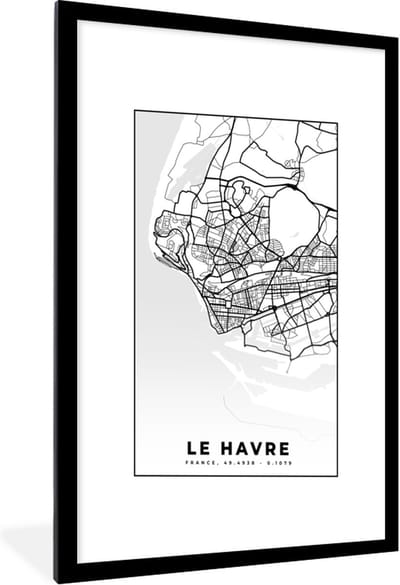 Fotolijst incl. Poster Zwart Wit- Stadskaart - Frankrijk - Le Havre - Kaart - Plattegrond - Zwart wit - 60x90 cm - Posterlijst