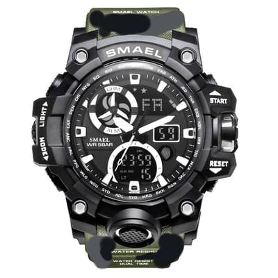Heren Horloge Zwart met rubber band in de legerkleuren Grijs Groen Zwart | WR 5BAR | Smael | Waterdicht |Glow in dark | Mud Master | Leger | Army | Grof | Licht | Rubberen band | Timer | Eyecatcher | Master| Shock | Vaderdag Cadeau | Vaderdag | kado|