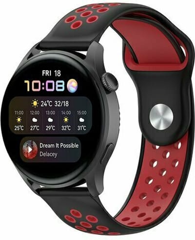 By Qubix - 22mm - Sport Edition siliconen band - Zwart + rood - geschikt voor Huawei Watch 3 / 4 / 5 (pro) - 46mm & geschikt voor Huawei Watch GT / GT 2 / GT 3 (pro) / GT 4 (pro) / GT 5 (pro) / GT 6 (pro) 46mm / Ultimate / Ultimate 2