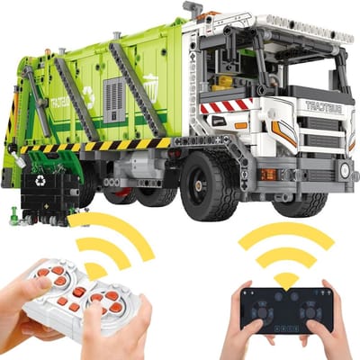 Reobrix - 22022 Vuilniswagen RC auto bouwset | Motorfiets constructie modelbouw | Educatief STEM speelgoed bouwpakketten voor kinderen & volwassenen | Incl. Electro motor & radiografisch bestuurbare remote | Blok formaat 4.9mm | 1355 bouwstenen