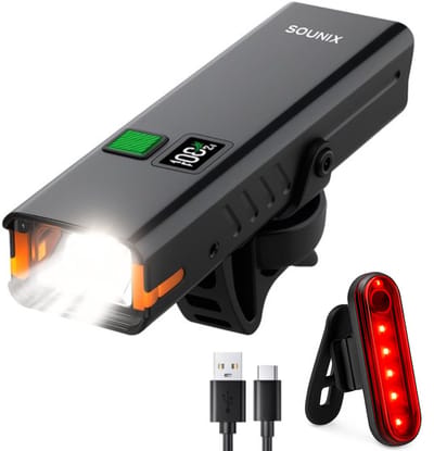 Sounix Fietsverlichting Set LED - Voorlicht en Achterlicht - 1200 Lumen Led Fietslamp - batterij LED-display - Valbestendig - Koplamp fiets - Fietslampjes - Zwart
