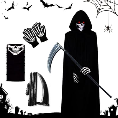 Halloween Kostuum Dunne Man Cosplay met Kap, Handschoenen, Hoofddoek en Zeis voor Feestdagen