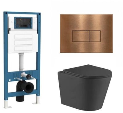 QeramiQ Dely Toiletset - inbouwreservoir Qeramiq Flush - slim zitting - metaal koperen bedieningsplaat - rechthoekige knoppen - mat zwart