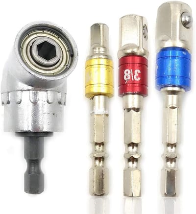 Set van 3 hex kop schroevendraaier bits voor accuboormachines, ratelverlenging en universele sleutel in zilver.