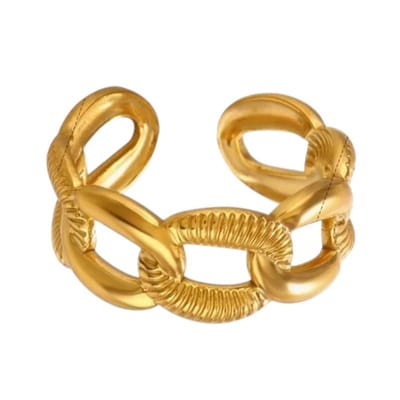 Aramat Jewels | Ringen | Verstelbare Open Schakelring – Gladde & Gestreepte Schakels – One Size | Goudkleur | |12mm | Staal | Volwassenen | Verkleurd niet