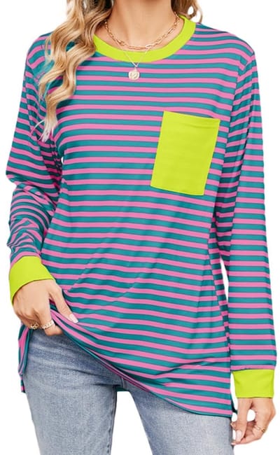 Dailygoods- Sweatshirt Dames - Gestreepte Print - Lange Mouw - Ronde Hals - Casual Tuniek - Zijsplit Zoom - 65% Rayon, 30% Polyester, 5% Spandex - Damestrui