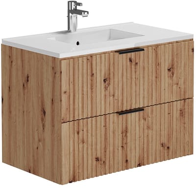 Vente-unique Geribbeld hangmeubel voor badkamer met inbouwwastafel - Licht naturel - 80 cm - ZEVARA