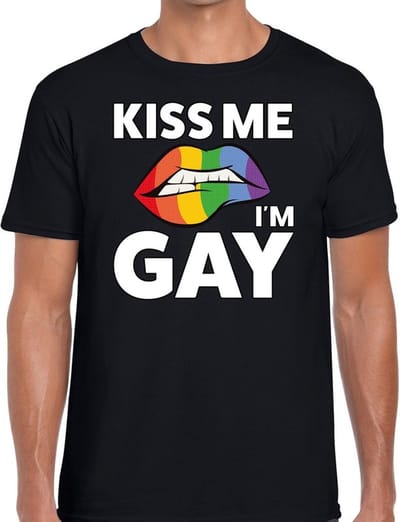 Kiss me i am gay t-shirt - zwart - voor heren - Gay pride kleding - katoen - korte mouwen S