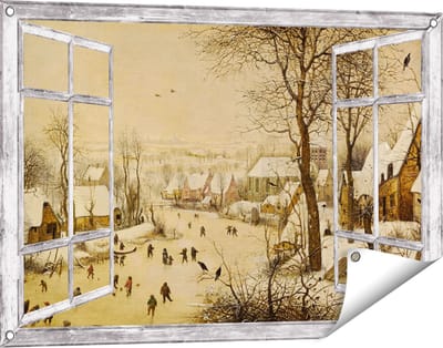 Gards Tuinposter Doorkijk Winterlandschap met Schaatsers en Vogelknip - Pieter Bruegel de Oude - 90x60 cm - Tuindoek - Tuindecoratie - Wanddecoratie buiten - Tuinschilderij