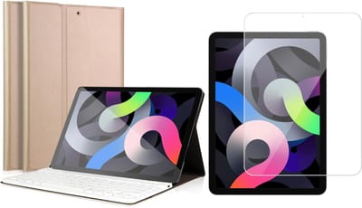 Hoes met Toetsenbord geschikt voor iPad Air 2022 / 2020 10.9 inch - Kunstlederen Book Case Cover Hoesje met Toetsenbord Goud - Tempered Glass Screenprotector
