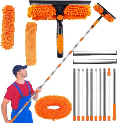 Telescopische Raamreiniger 4 Meter, 2-in-1 Microvezel Borstel en Rubber Trekkertje, Ideaal voor Hoge Ramen, Muren en Auto's
