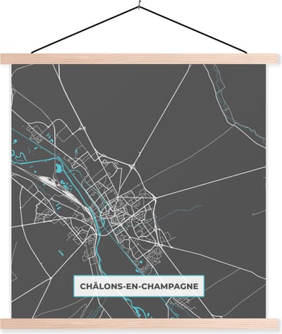 Posterhanger incl. Poster 40x40 cm - Schoolplaat - Frankrijk - Châlons-en-Champagne - Stadskaart - Kaart - Plattegrond - Textielposter - Blanke latten - Stadskaart