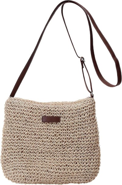 Dames Stro, Leren Label Schoudertas, Boho Geweven Raffia Handtas, Lichtgewicht, Ideaal voor Zomer, Strand en Vakantie, 29 x 23 x 6 cm, Met Rits, Wit