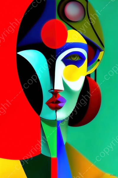 John Joseb Art (Canvas) 120x80 | Vrouw abstract - kunst - surrealistische Picasso stijl - kleurrijk - woonkamer - slaapkamer | gezicht, blauw, rood, groen, geel, modern | Foto-Schilderij print (wanddecoratie) | KIES JE MAAT