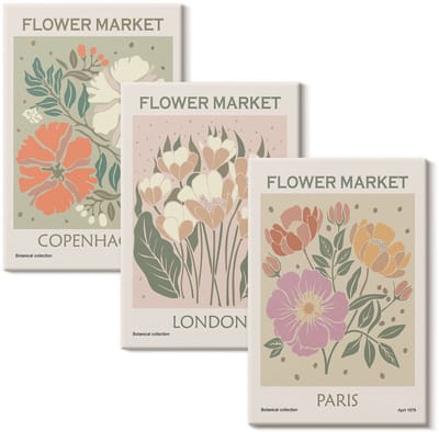Wallfluent Set van canvas schilderijen - Bloemenposters Kopenhagen Londen Parijs Canvas Schilderijen Set - set 3 stuks 20x30 cm - Roze Set van Canvas Prints - Natuur Canvas Kunst Set - Boheemse Canvas Kunst Set