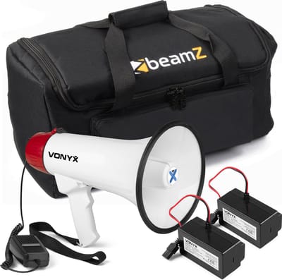 Vonyx MEG045 complete megafoon set met draagtas en 2x lithium-ion accu’s - Rood-witte megafoon - 45W