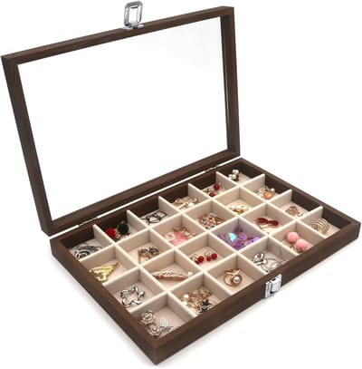 KZQ Houten Sieradenbox Met 24 Vakken Vergrendelbare Sieradenkist Opbergdoos Houten Nerf Display Organisatie Cadeau Voor Sieraden Collectie