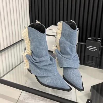 Nieuwe Dames Schoenen Blokhak Puntig Mode Dames Laarzen Mouw Denim Middelhoge Hak Dames LaarzenBotas De Mujer 37