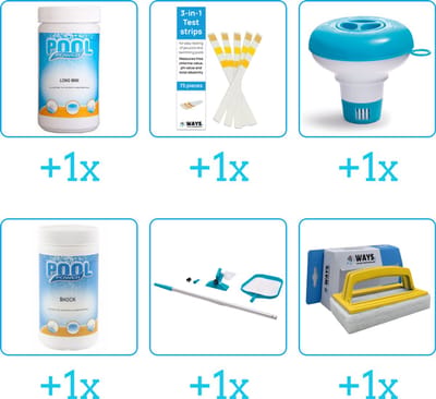 Zwembad Onderhoudspakket - Onderhoud Zwembad - bevat Chloor - Testrips - Chloordrijver - Chloor - Schoonmaakset en Scrubborstel (6-delig)
