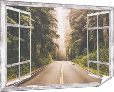 Gards Tuinposter Doorkijk Highway in Californië Omring met Bos - 180x120 cm - Tuindoek - Tuindecoratie - Wanddecoratie buiten - Tuinschilderij